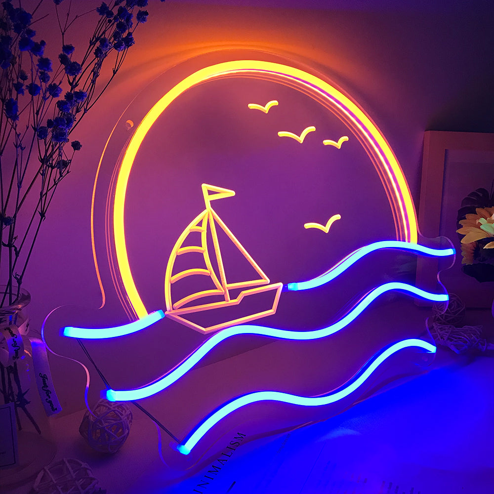 "Sonnenaufgang Sonnenuntergang, Meereswelle" Mini Neonschrift
