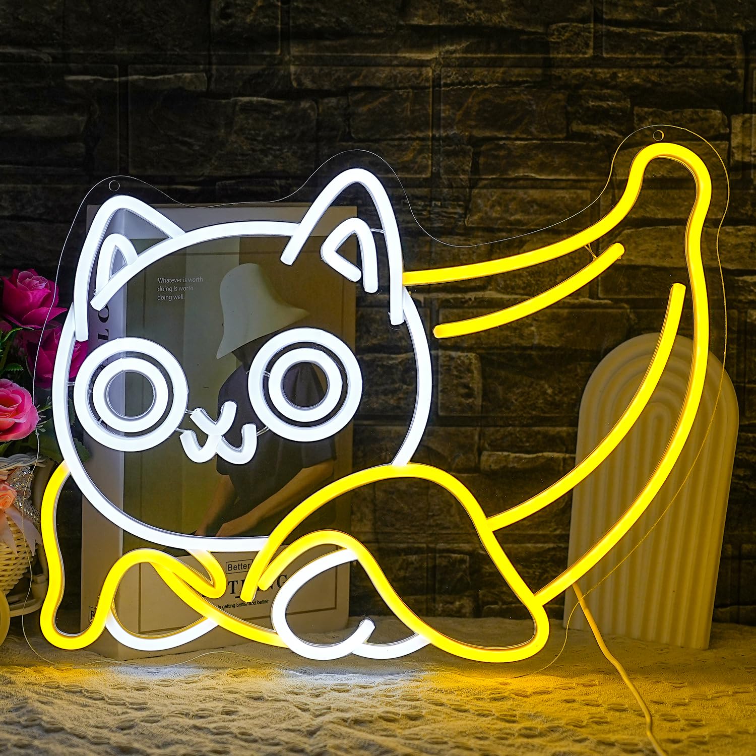 Süßes Neonschild mit Katze und Banane