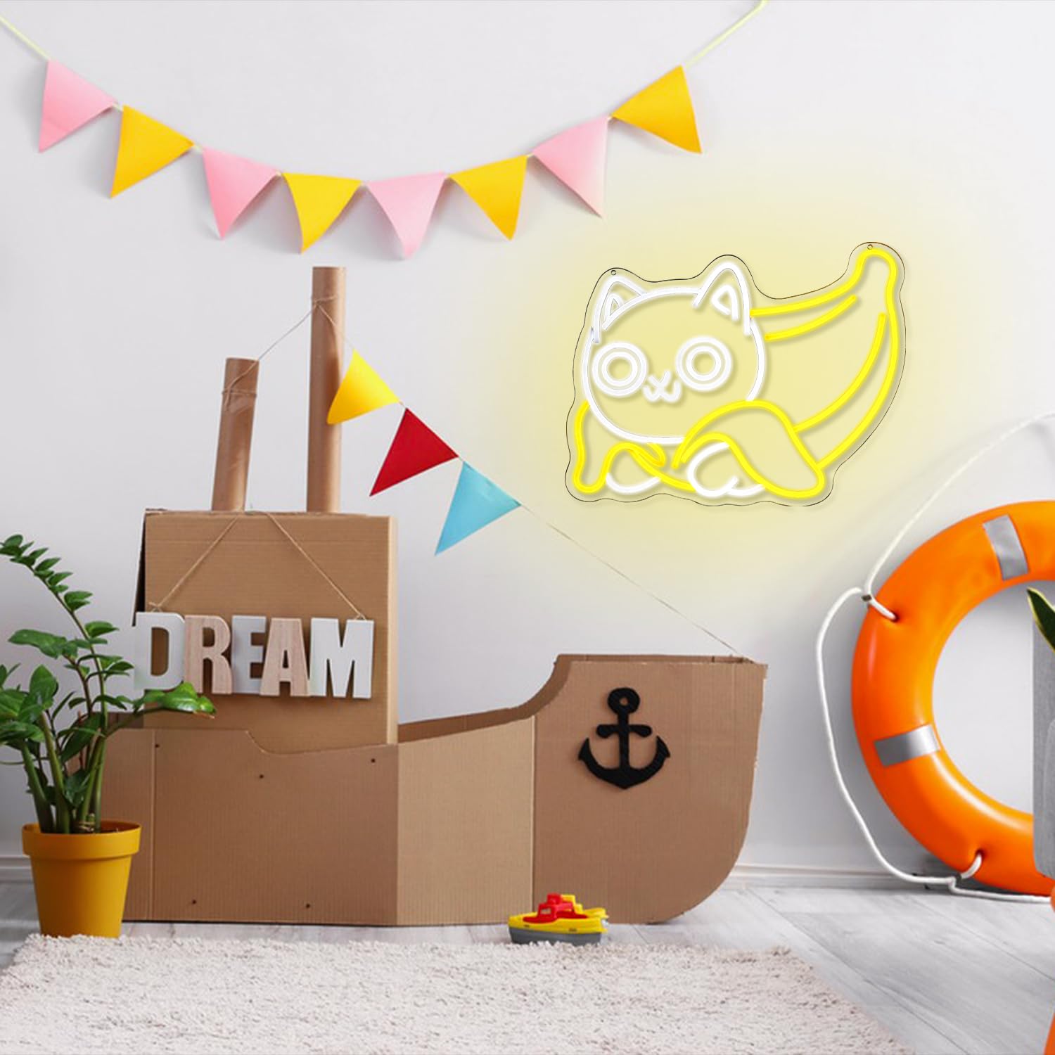 Süßes Neonschild mit Katze und Banane