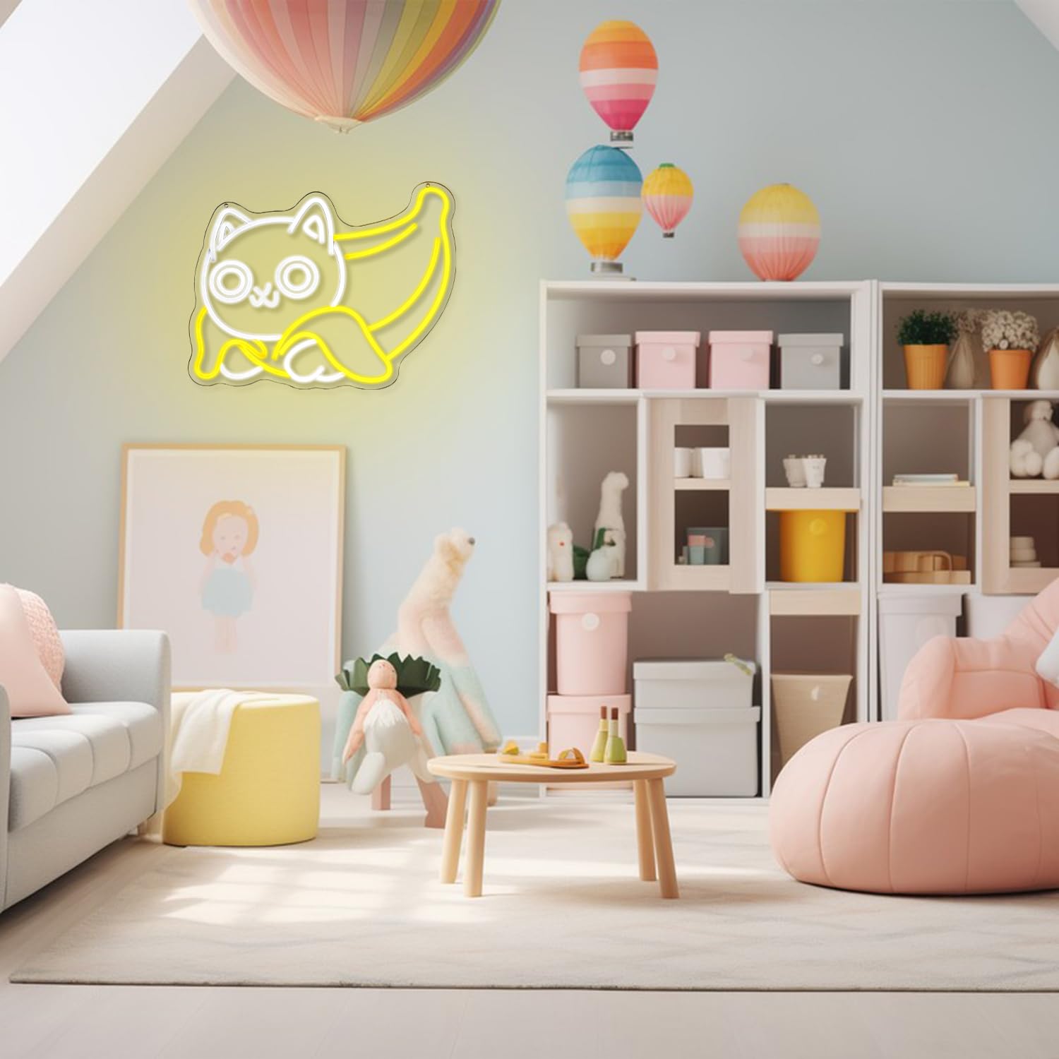 Süßes Neonschild mit Katze und Banane