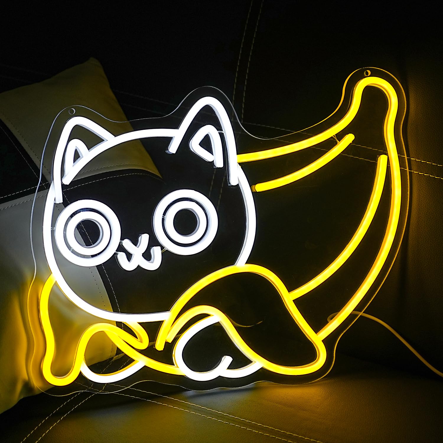Süßes Neonschild mit Katze und Banane