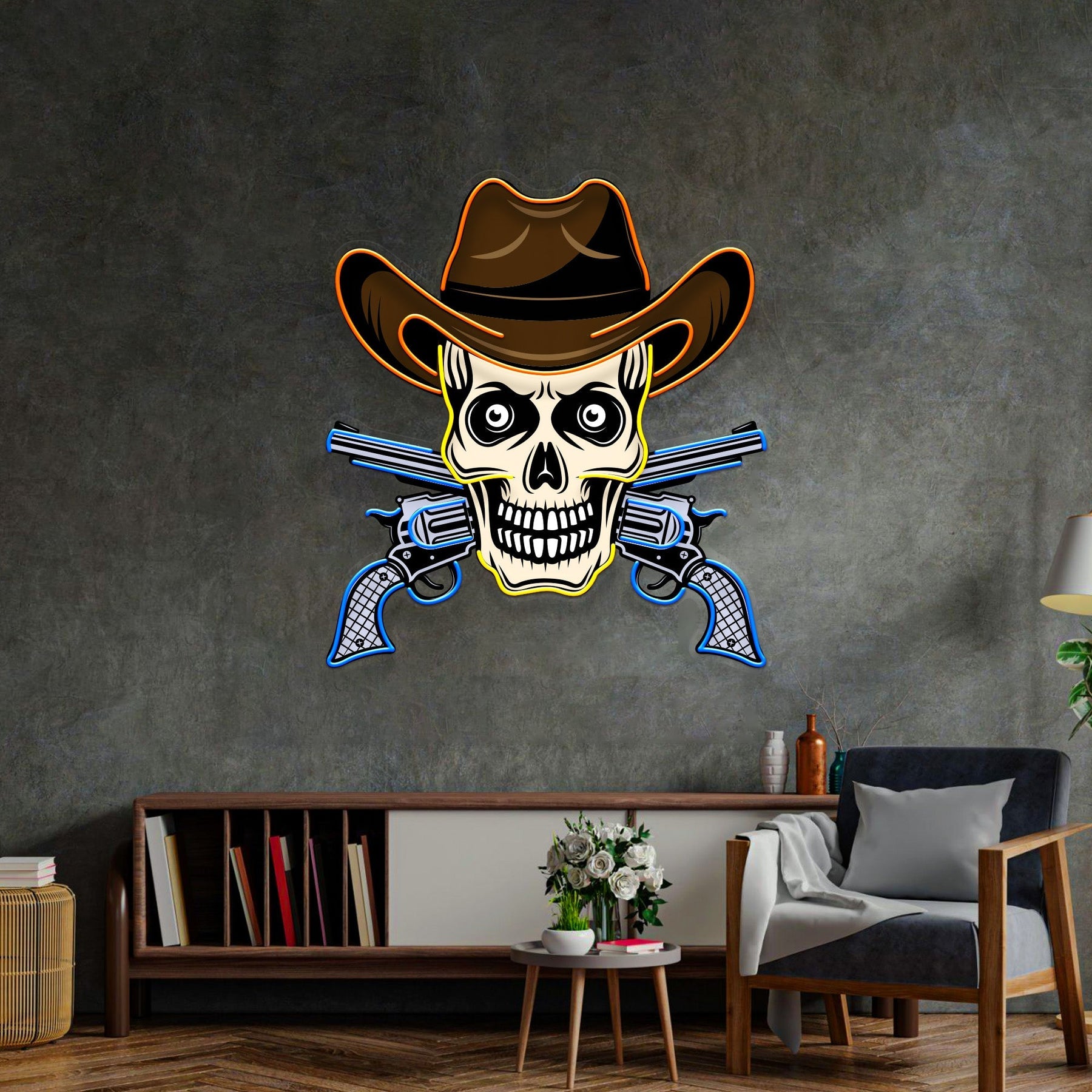 Totenkopf mit Cowboyhut LED Leuchtreklame – Pop Art trifft auf rebellischen Western-Charme