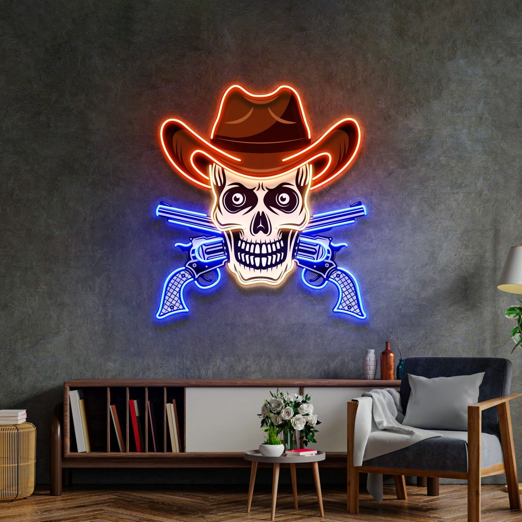 Totenkopf mit Cowboyhut LED Leuchtreklame – Pop Art trifft auf rebellischen Western-Charme