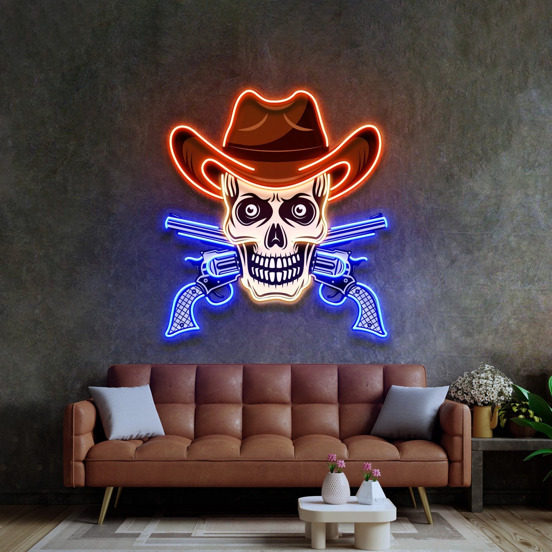 Totenkopf mit Cowboyhut LED Leuchtreklame – Pop Art trifft auf rebellischen Western-Charme