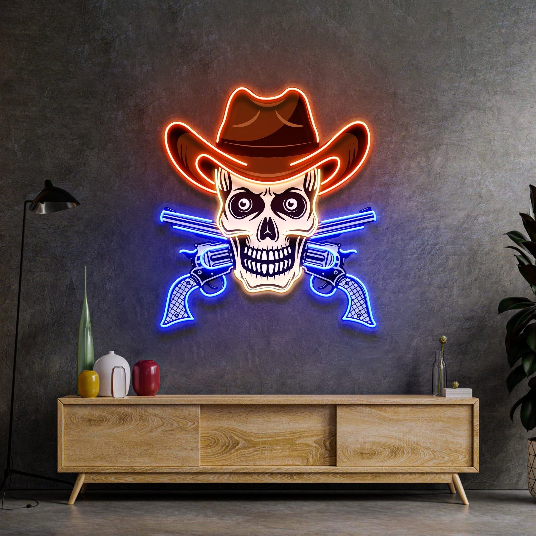 Totenkopf mit Cowboyhut LED Leuchtreklame – Pop Art trifft auf rebellischen Western-Charme