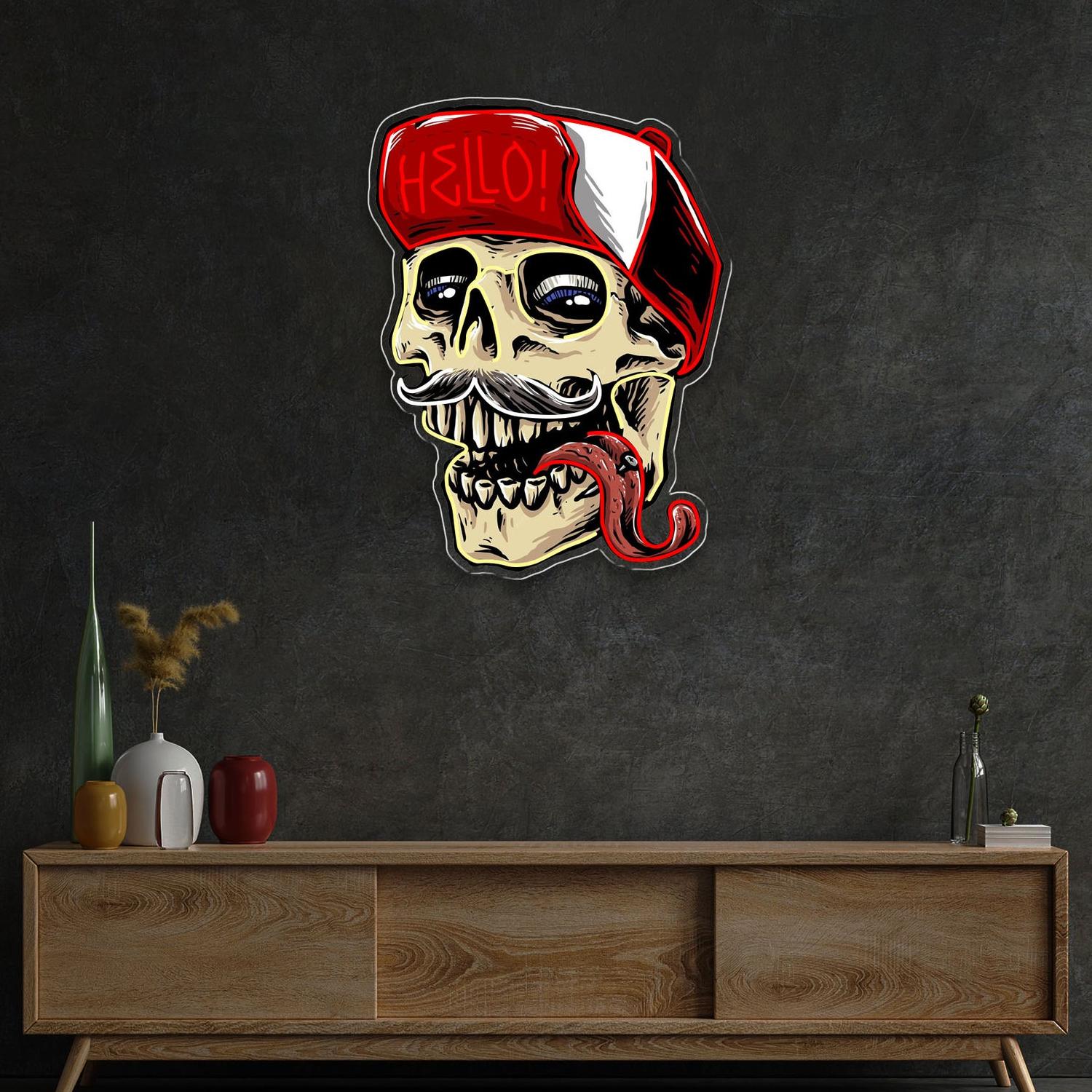 Totenkopf mit Hallo-Hut, Leuchtreklame, Lichtkunstwerk