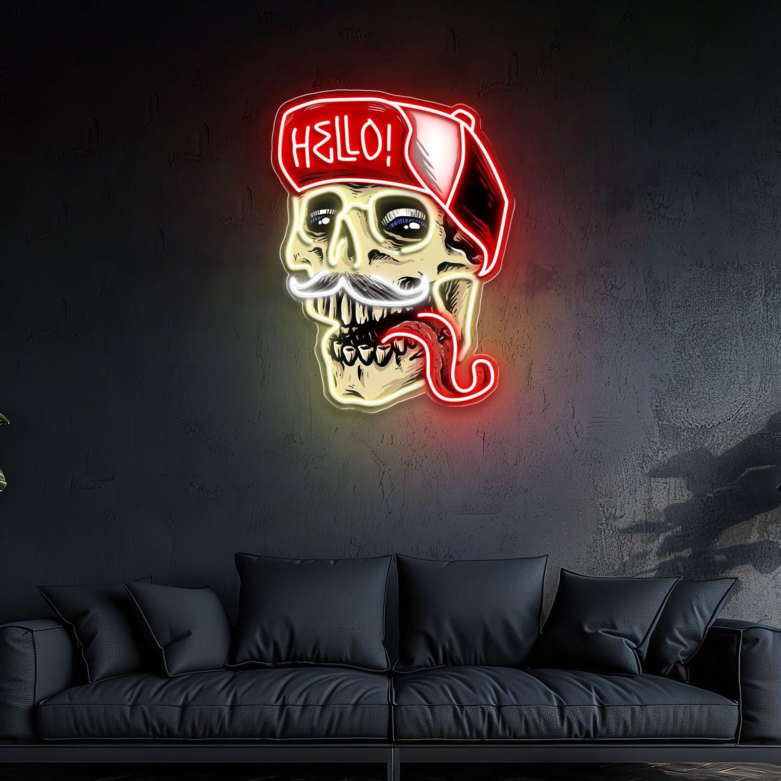 Totenkopf mit Hallo-Hut, Leuchtreklame, Lichtkunstwerk