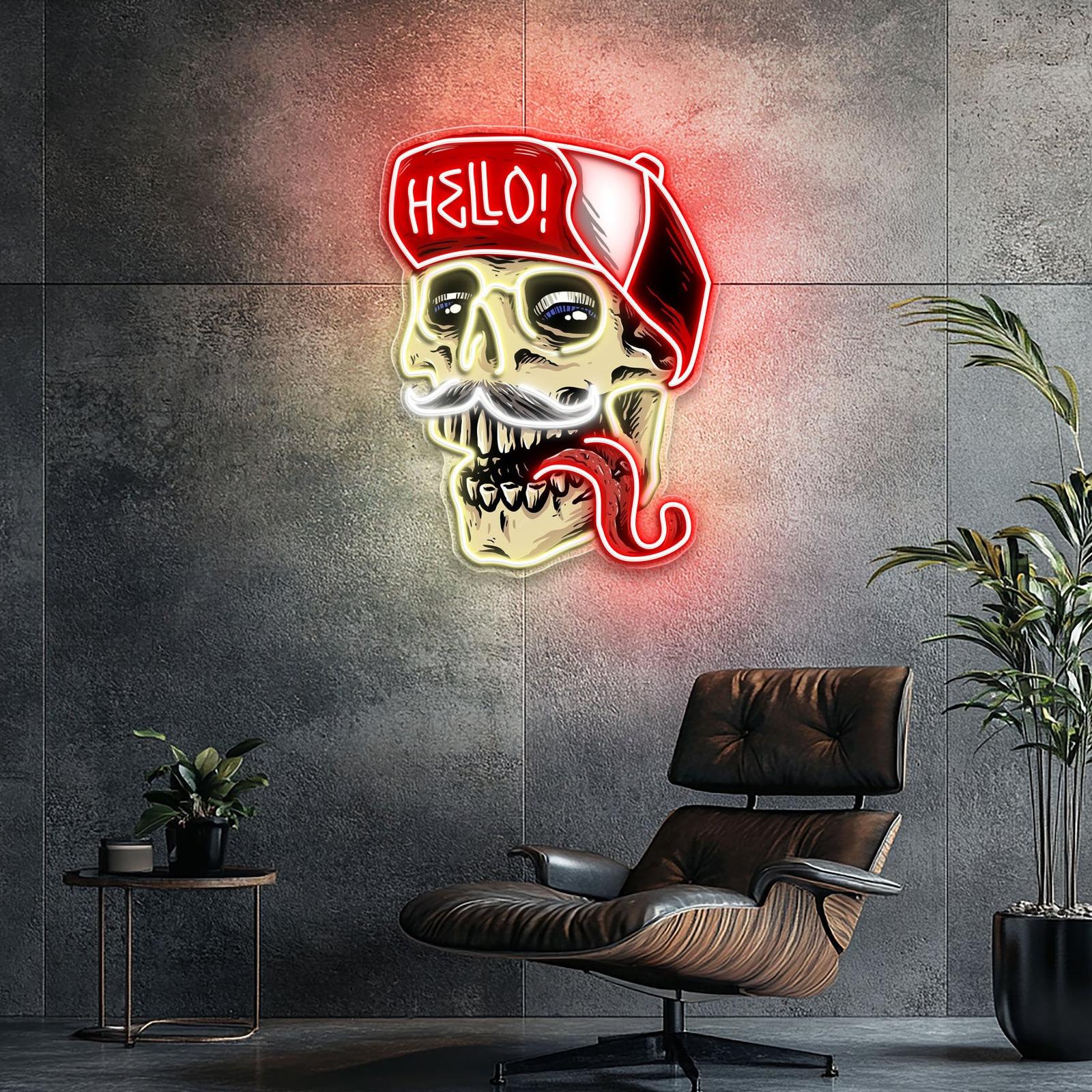 Totenkopf mit Hallo-Hut, Leuchtreklame, Lichtkunstwerk