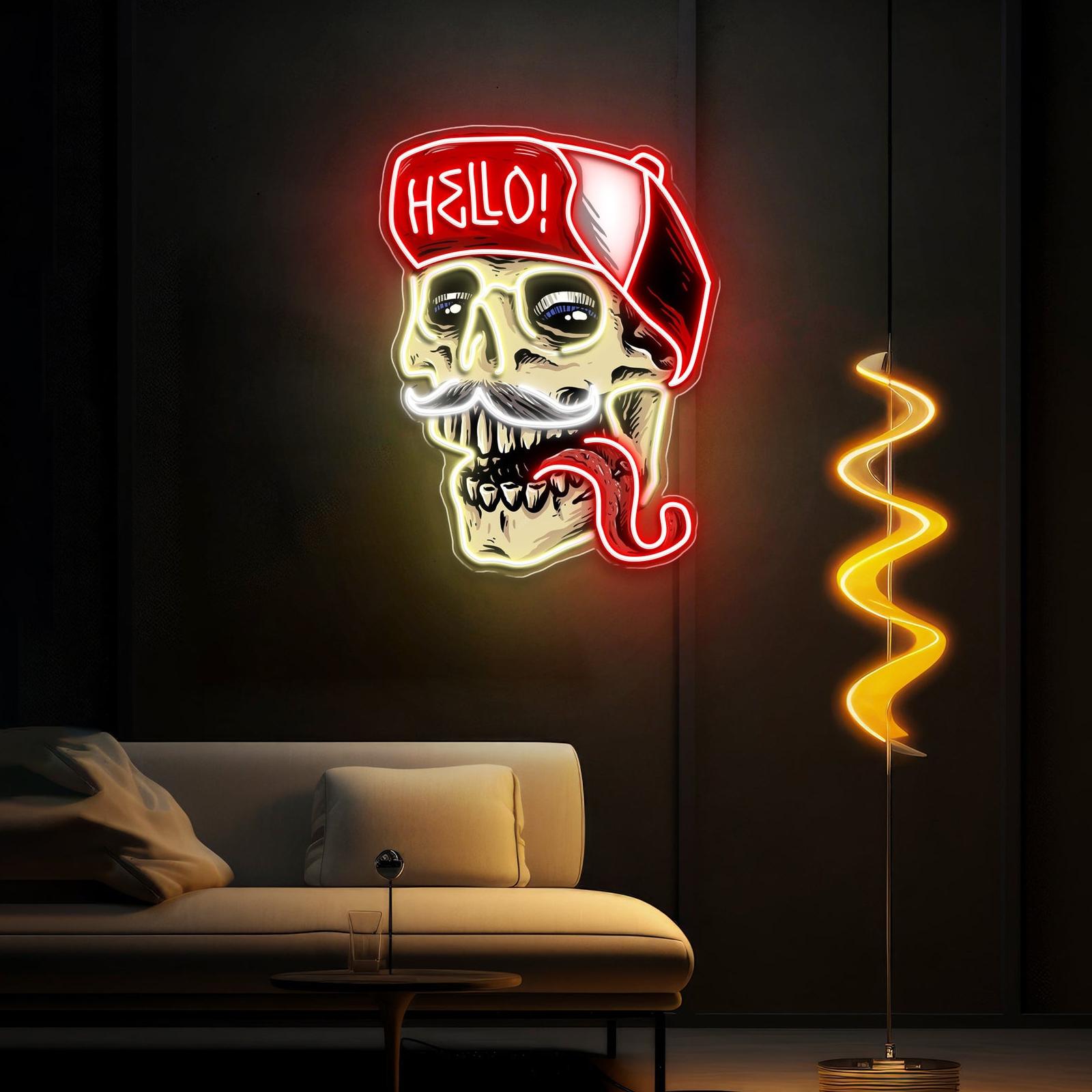 Totenkopf mit Hallo-Hut, Leuchtreklame, Lichtkunstwerk