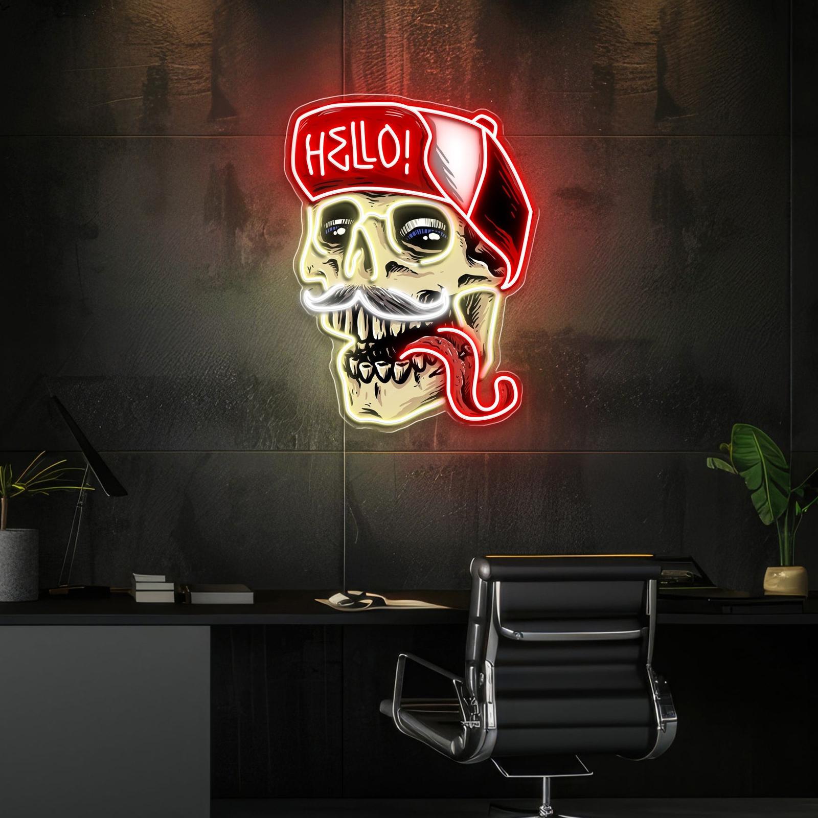 Totenkopf mit Hallo-Hut, Leuchtreklame, Lichtkunstwerk