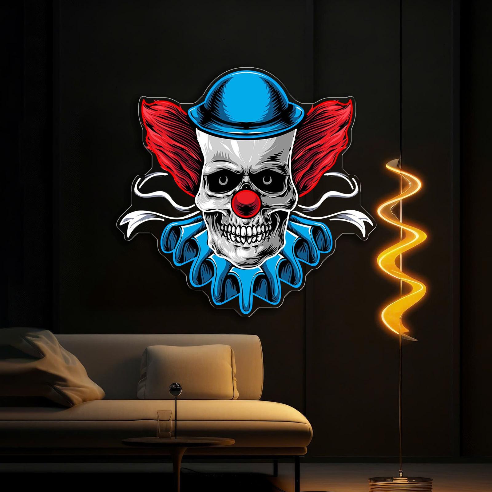 Verdrehtes Lachen: Neon-Leuchtreklame mit Totenkopf und Clown