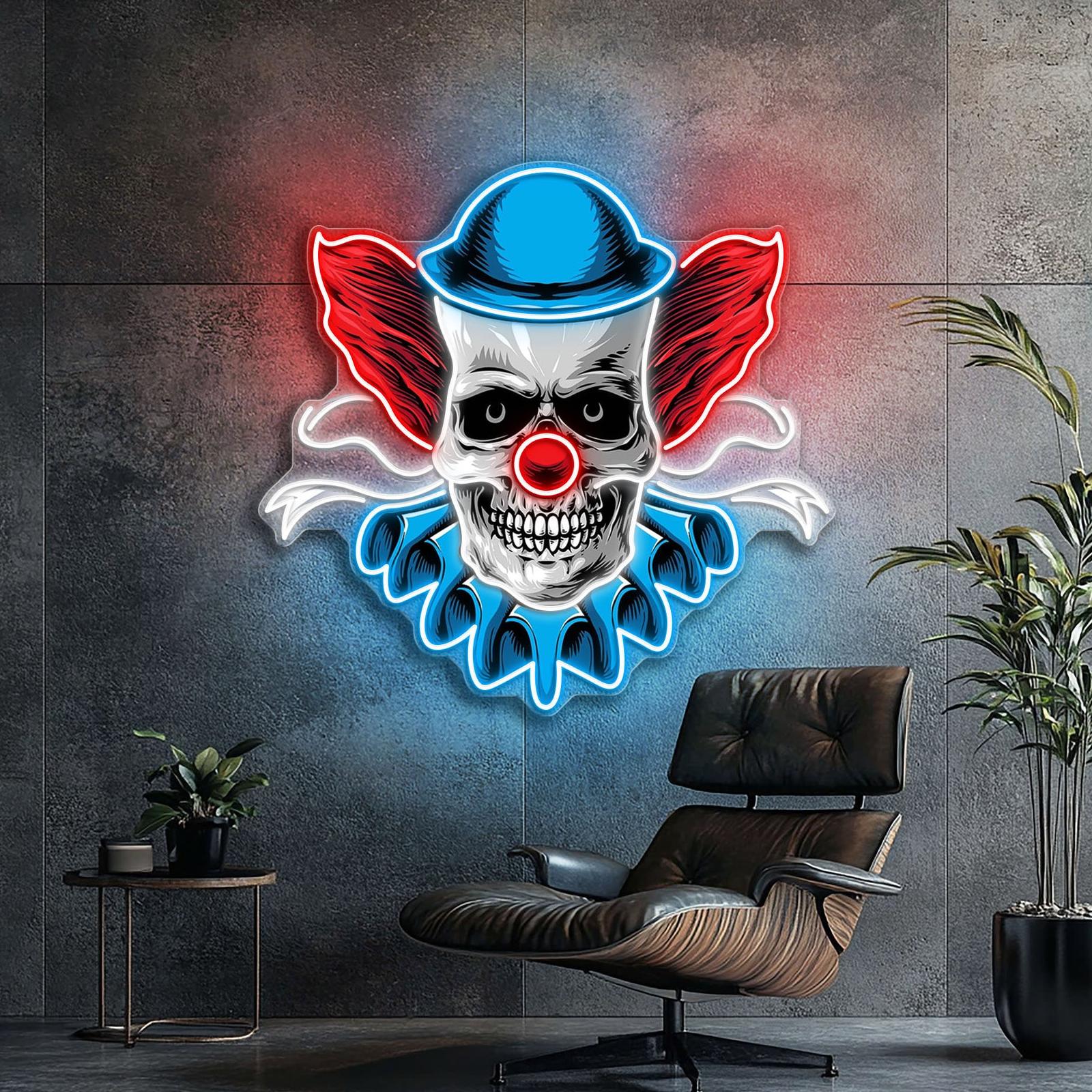 Verdrehtes Lachen: Neon-Leuchtreklame mit Totenkopf und Clown