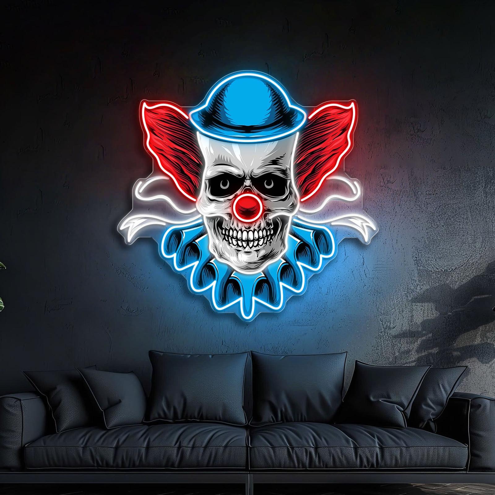 Verdrehtes Lachen: Neon-Leuchtreklame mit Totenkopf und Clown