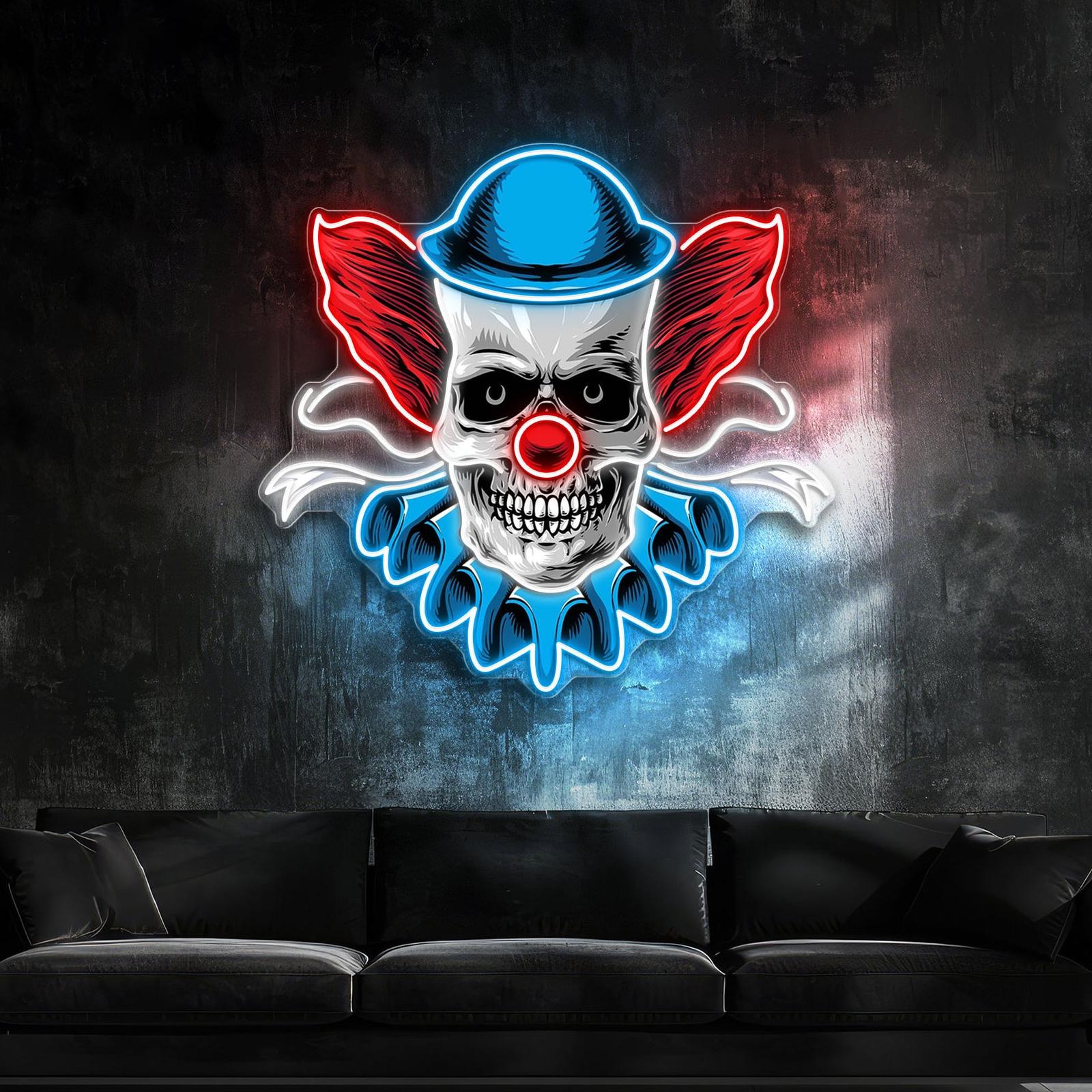 Verdrehtes Lachen: Neon-Leuchtreklame mit Totenkopf und Clown