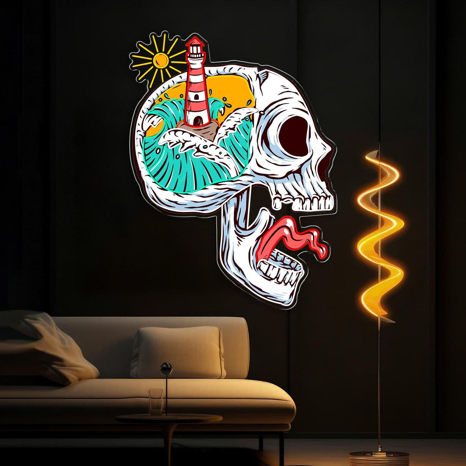 Verfluchtes Licht: Schädel- und Leuchtturm Neonkunstwerk