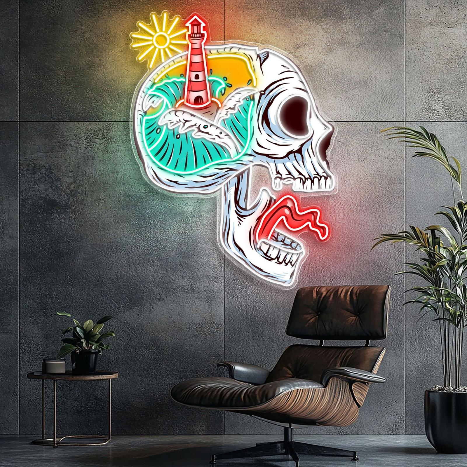 Verfluchtes Licht: Schädel- und Leuchtturm Neonkunstwerk