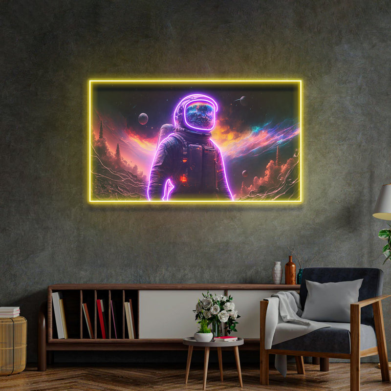 Astronaut im Weltraum LED Neon Pop Art – Erobern Sie das Universum des Lichts