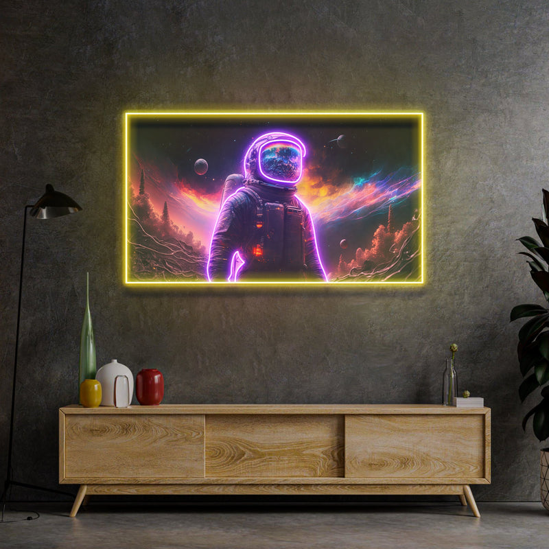 Astronaut im Weltraum LED Neon Pop Art – Erobern Sie das Universum des Lichts