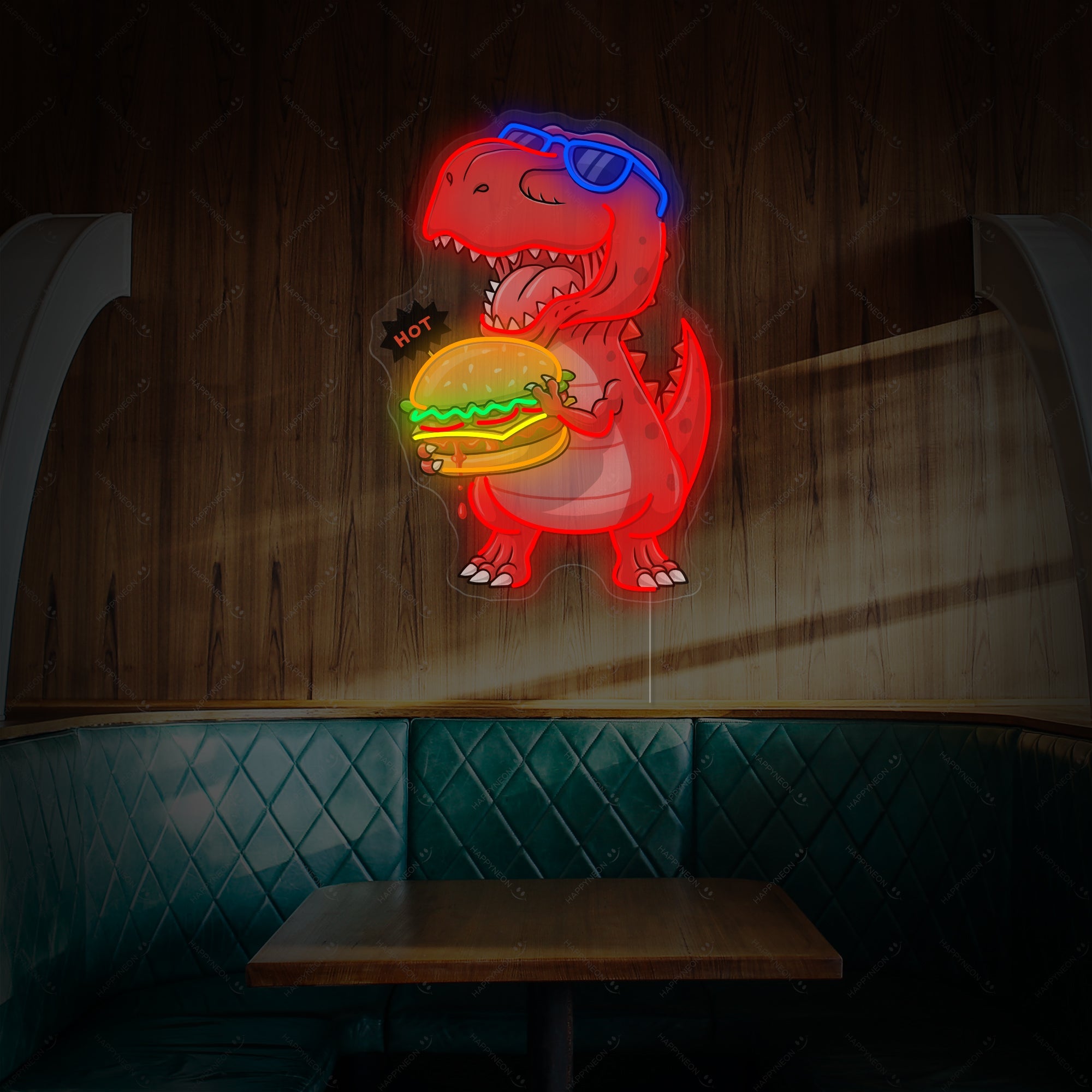 "Dinosaurier essender Burger" Neonschild