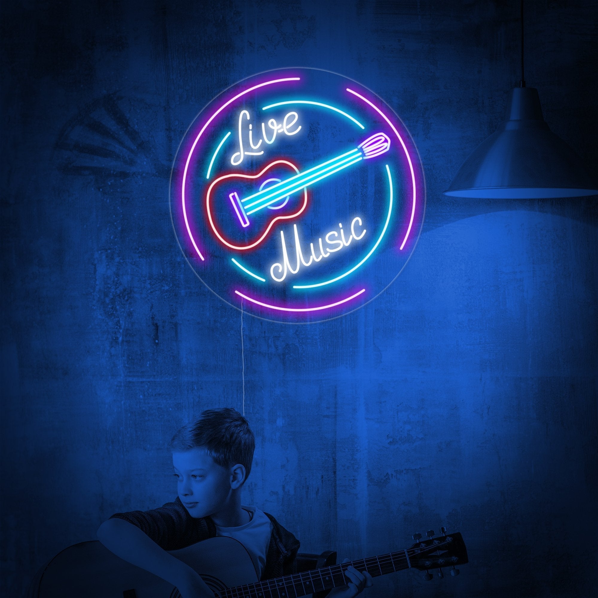 "Live Music, Gitarren" Neonschrift